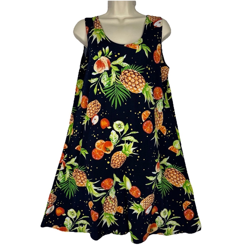 Jostar Tropical Fruit Print Dress L Navy Pineapple Citrus Sleeveless Swing USA